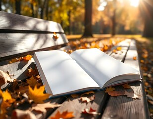 Canvas Print - A blank book mockup on an outdoor wooden bench, surrounded by autumn leaves, with sunlight filtering through trees to create dappled light patterns on the book create with ai