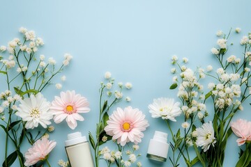 Aufkleber - Pastel flowers are beautifully arranged beside organic beauty products, creating a serene and calming natural aesthetic. Generative AI