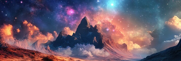 Wall Mural - a towering mountain peak pierces through swirling clouds, bathed in the ethereal glow of a colorful 