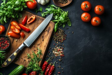 A top-view image of a rustic wooden cutting board with fresh vegetables, spices, and a sharp kitchen knife, symbolizing the art of cooking, fresh ingredients, culinary skills, healthy food, and a pass