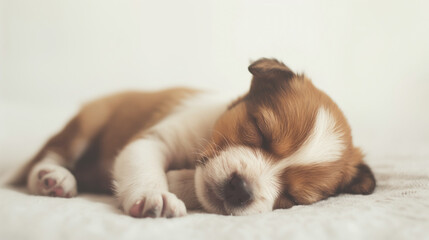 Sleeping puppy resting on a white surface. The puppy's soft fur and peaceful expression capture a moment of pure tranquility and innocence