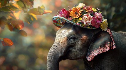 Poster -   An elephant wearing a hat with flowers on its head, captured in a close-up image