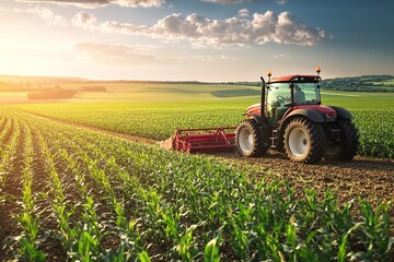 Red tractor tilling green farmland under blue sky