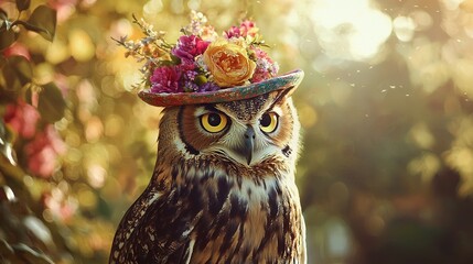 Poster -   An owl wearing a floral hat with a single rose atop its head