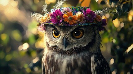 Poster -   An owl perched on a leafy branch, wearing a flower crown and gazing into the camera lens