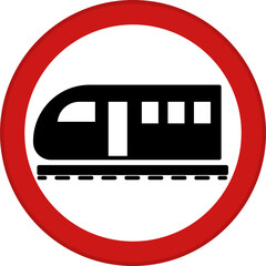 Poster - Railway Crossing Without Barrier Red Sign. Vector Icon. Train on Rails. Road Sign