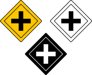 Sticker - Road Intersection Signs. Warning Road Signs. Yellow, Black, and White Vector Icons