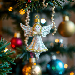 Christmas angel ornament on tree with gold wings