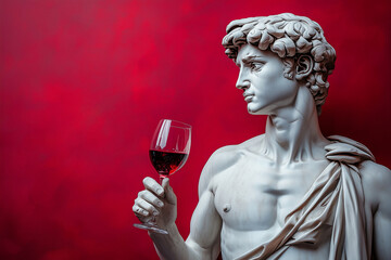 Wall Mural - Arrogant portrait of a sculpture of David with red wine glass in hand on solid background with copy space 