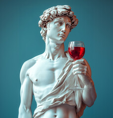 Wall Mural - Arrogant portrait of a sculpture of David with red wine glass in hand on solid background with copy space 