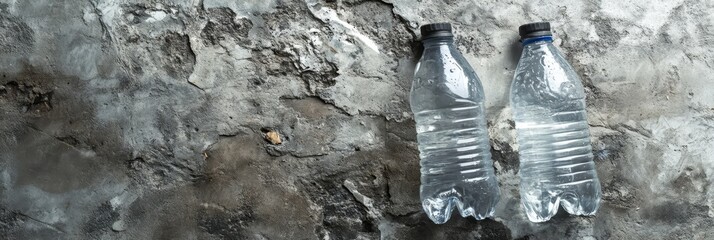 two empty plastic water bottles are laying on a concrete surface, symbolizing waste, recycling, envi