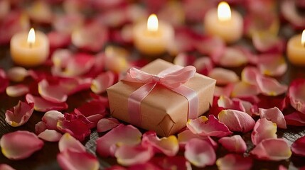 Poster -   A wrapped gift with brown paper and pink bow, surrounded by rose petals and lit candles