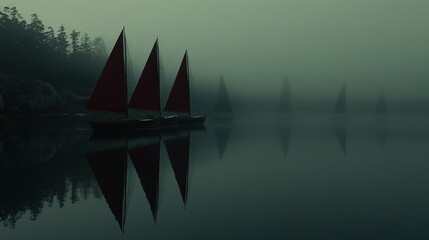 Wall Mural -   Row of sailboats floating amidst foggy lake in tree-backdrop