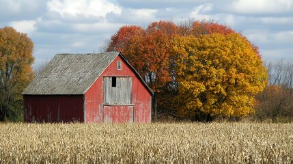 Poster -   Red barn in field surrounded by orange-yellow autumn leaves