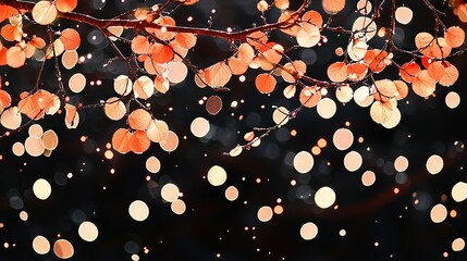 Canvas Print -   A close-up of a tree branch with lights hanging from its branches in the background