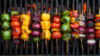 Overhead view of a variety of vegetable skewers on a grill, vibrant colors, and sizzling heat