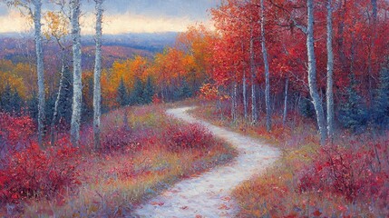 Poster -   A dirt road surrounded by trees with red and yellow leaves in the foreground and a blue sky in the background