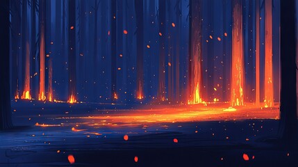 Poster -   A vibrant forest blazes at night, painted in fiery hues of red and orange smoke emanating from the trees