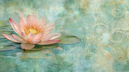 Poster -   A painting of a pink flower on water with swirling bubbles