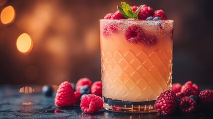 Fresh fruit cocktail with raspberries and blueberries on a dark background during evening hours