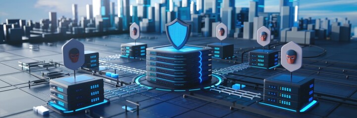 Poster - 3d illustration of a cybersecurity system safeguarding private information from hackers and cyber at