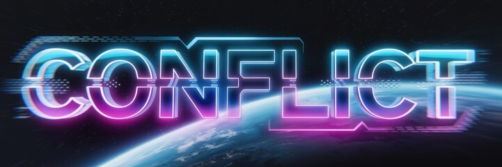 Poster - 3D Rendered Text Depicting Conflict with Technological Glitch Effects and Interferences