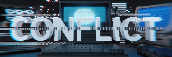 Poster - 3D Rendered Text Depicting Conflict with Technological Glitch Effects and Interferences