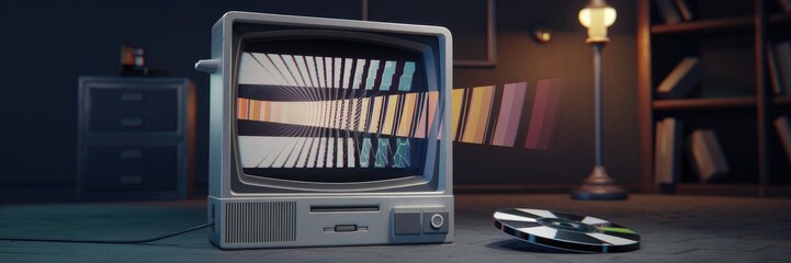 Poster - A visually striking glitch effect on a vintage VHS screen featuring holographic stripes.