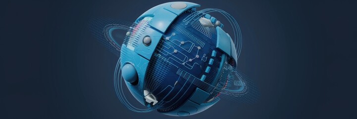 Poster - Abstract blue sci-fi sphere featuring particles and a technology network. Futuristic illustration of global digital connections. 3D wireframe geometric sphere rendering.