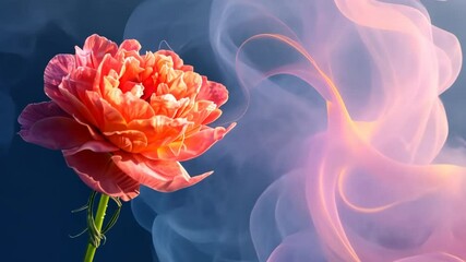 Aufkleber - A red flower is in the middle of a blue and orange smoke. The smoke is coming from a fire, and the flower is surrounded by it. Concept of danger and destruction