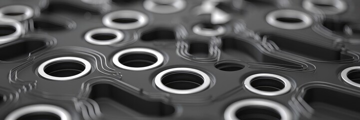 Fototapete - Abstract blurred image featuring numerous circular steel holes in a dark surface, accented by rounded lines and contrasting white circles outlined in dark. Illustration isolated on a white background.