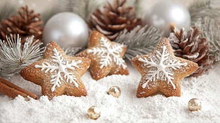 Poster -   A couple of cookies sitting on top of a pile of snow next to a pine cone