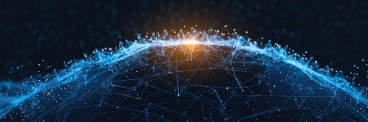 Poster - Abstract data technology background featuring interconnected dots and lines on a dark backdrop. 3D rendering.