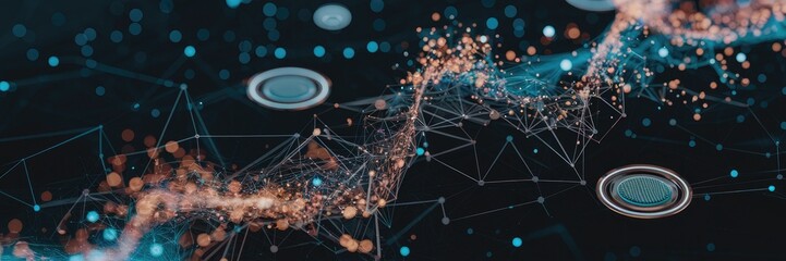 Poster - Abstract data technology background featuring interconnected dots and lines on a dark backdrop. 3D rendering.