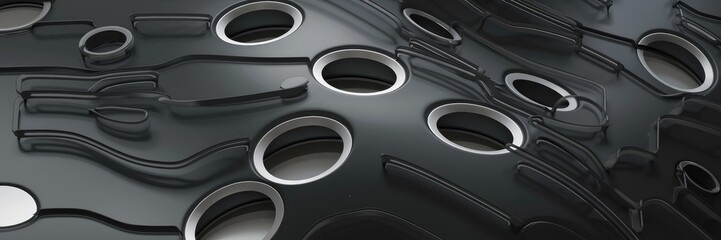 Fototapete - Abstract blurred image featuring numerous circular steel holes in a dark surface, accented by rounded lines and contrasting white circles outlined in dark. Illustration isolated on a white background.