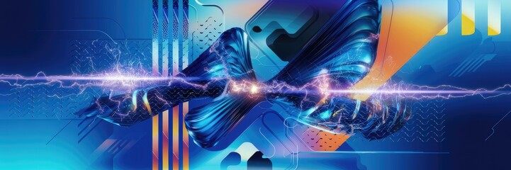 Poster - Abstract glitch art featuring distortion textures and a vibrant blue and orange color palette. Digital noise with broken plasma vibrations