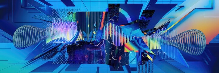 Poster - Abstract glitch art featuring distortion textures and a vibrant blue and orange color palette. Digital noise with broken plasma vibrations