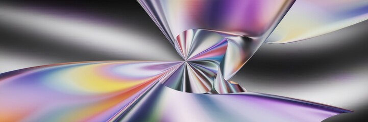 Poster - Abstract holographic background in soft pastel hues with stainless steel texture. Colorful foil backdrop with radiant hues converging at the center. Trendy creative gradient design.