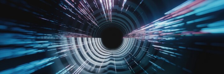 Poster - Abstract multicolored radial zoom effect with blurred tunnel on dark backdrop. Dynamic light rays create a sense of speed and motion in a data flow tunnel.