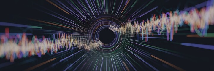 Poster - Abstract multicolored radial zoom effect with blurred tunnel on dark backdrop. Dynamic light rays create a sense of speed and motion in a data flow tunnel.