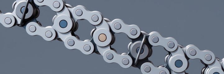 Poster - Close-up of individual bicycle chain links and pins on a gray background, highlighting their intricate structure and mechanical design.