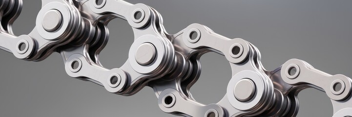 Poster - Close-up of individual bicycle chain links and pins on a gray background, highlighting their intricate structure and mechanical design.
