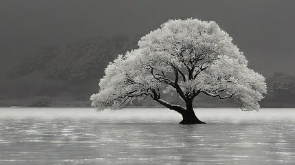 Wall Mural -   A monochromatic image of a solitary tree standing amidst a tranquil body of water surrounded by majestic mountain ranges