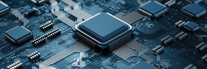 Aufkleber - Concept illustration featuring a computer chip on a circuit board, showcasing close-up details of integrated circuits against a digital motherboard background.