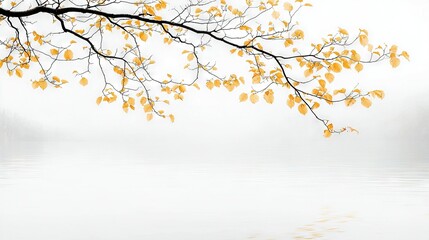 Wall Mural -   A tree branch with yellow leaves hanging over a body of water on a foggy day