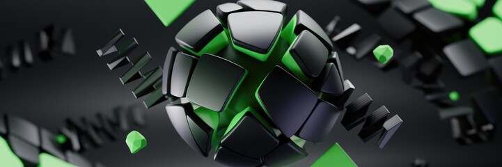 Poster - Dynamic Abstract 3D Background Featuring Bold Black and Green Cracked Design. 3D Illustration