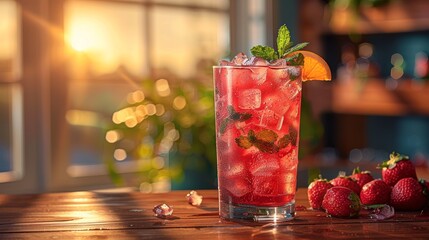 Wall Mural - Refreshing berry beverage served in a glass with ice and garnishes during sunset at a cozy indoor setting