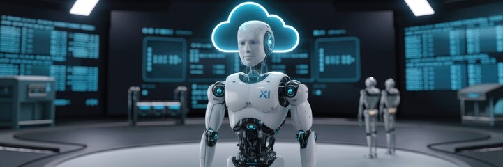 Futuristic 3D illustration of an AI robot utilizing cloud computing technology for online data storage. Concept of advanced cloud information management analyzed by machine learning. 3D rendering.