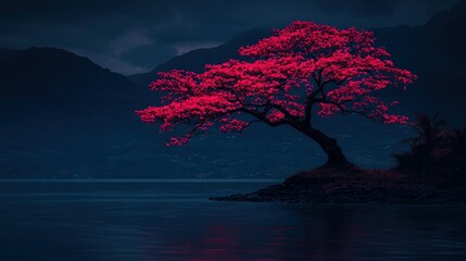 Wall Mural -   A red light illuminates a tree standing tall in the center of a tranquil body of water, framed by a majestic mountain range in the backdrop