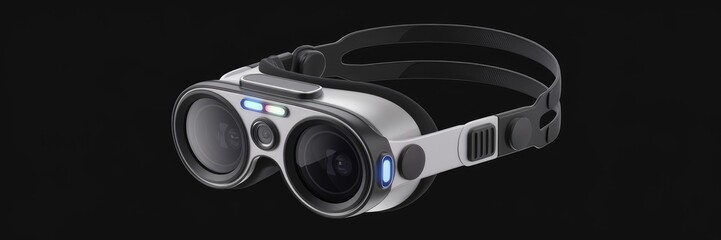 Futuristic virtual reality goggles in front view, isolated on black background | VR headset illustration